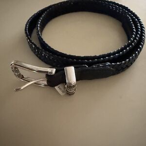 Talbots Belt Leather Woven Skinny Sz L Black Silver Accents 39"